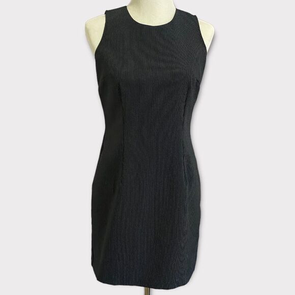 Vintage Midi Black Sheath Fitted Academia Striped Stretch Zip Sleeveless Dress - Picture 1 of 10